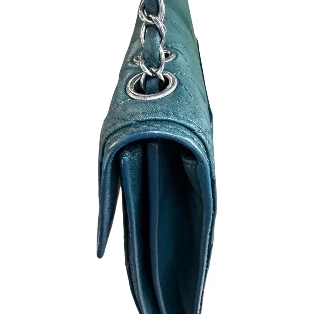 Chanel Classic Flap Jumbo Accordion Dark Green Lambskin Silver Hardware w/ COA